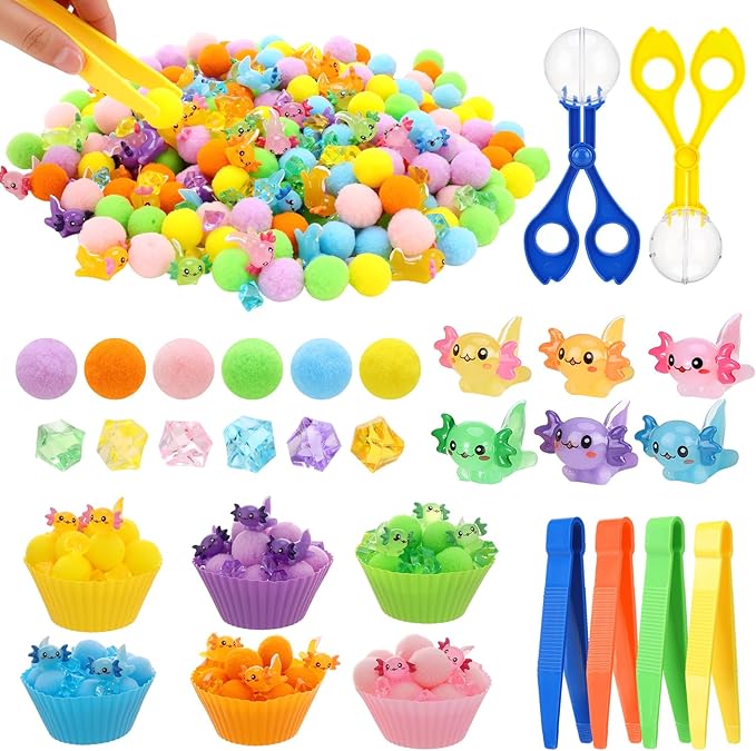 320 Pcs Axolotl Sensory Bin Fillers 200 Pompoms 42 Resin Axolotl Tweezers Scissors Clips Cups Fine Motor Skills Sets