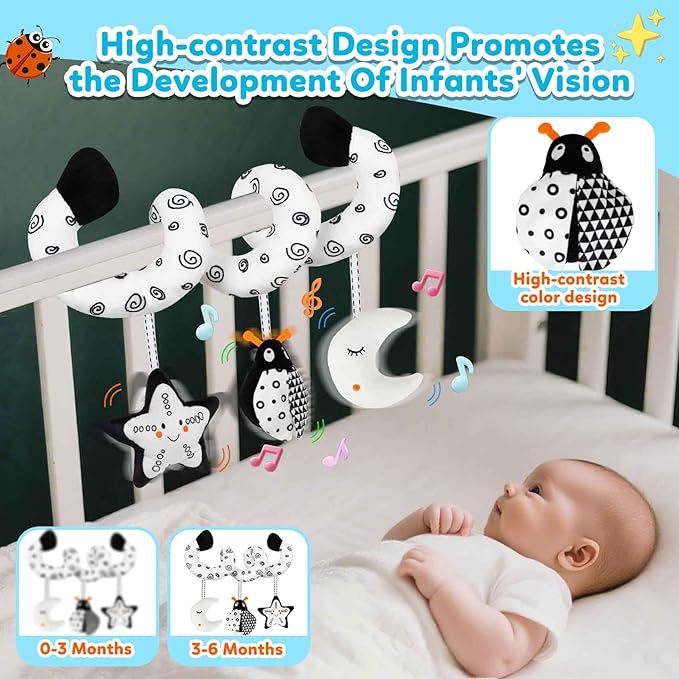 kizh Baby Hanging Stroller and Car Seat Toys High Contrast Baby Toys for Newborn Black and White Sensory Plush Activity Toy for Babies 0-6 Months-Bug