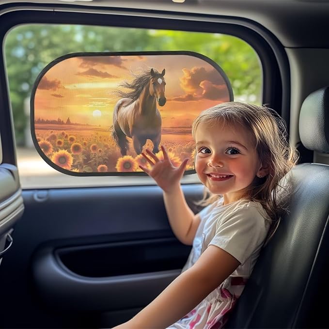 Bulopur Sunflower Horse 2 Pack Window Shades for Car UV Protection Breathable Car Seat Sun Protection Easy to Install Mesh Back Window Sun Shades for Car
