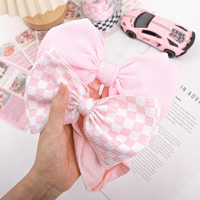 YanJie 2PCS 6’’ Light Pink Bows for Baby Girls Checkered Headband Pink Bow Infants Toddler Hair Accessories Newborn Headbands Hair Bow Baby Clothes