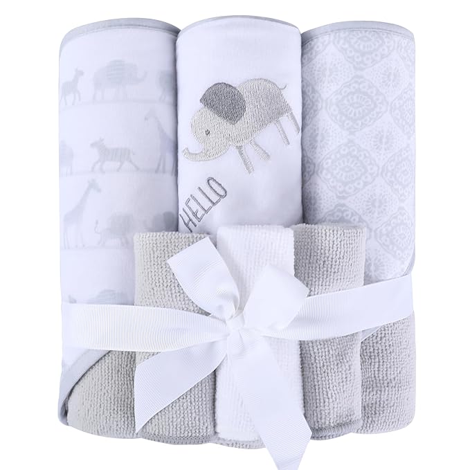 Viviland Baby Towels and Baby Wash Cloths Set Hooded Baby Towels Baby Wipes Absorbent Bath Face Towels Burp Cloths or Face Towels for Girl Boy 6-Pack Size 28 x 28 Inch(Grey Animal Friends)