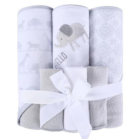 Viviland Baby Towels and Baby Wash Cloths Set Hooded Baby Towels Baby Wipes Absorbent Bath Face Towels Burp Cloths or Face Towels for Girl Boy 6-Pack Size 28 x 28 Inch(Grey Animal Friends)