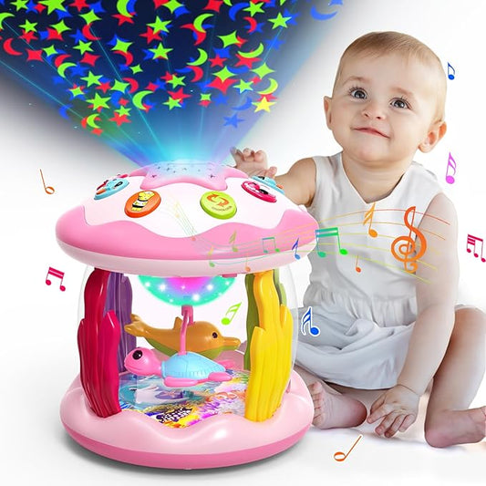 Letapapa Baby Toys 6 to 12 Months, 4 in 1 Ocaen Rotating Projector, Tummy Time Light Up Musical Toys for 6 7 8 9 12-18 Months, Educational Birthday Gifts for Baby Infants 1 2 Year Old Girls(Pink)