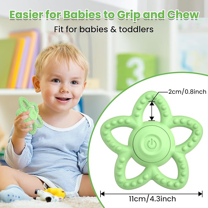 Vibrating Teether for Baby - Dual Use Vibrating Soother for 3-6 Months/6-18 Months & Sensory Toys for Kids with Autisms, Baby Teething Toys with 3 Vibration Modes (Green)