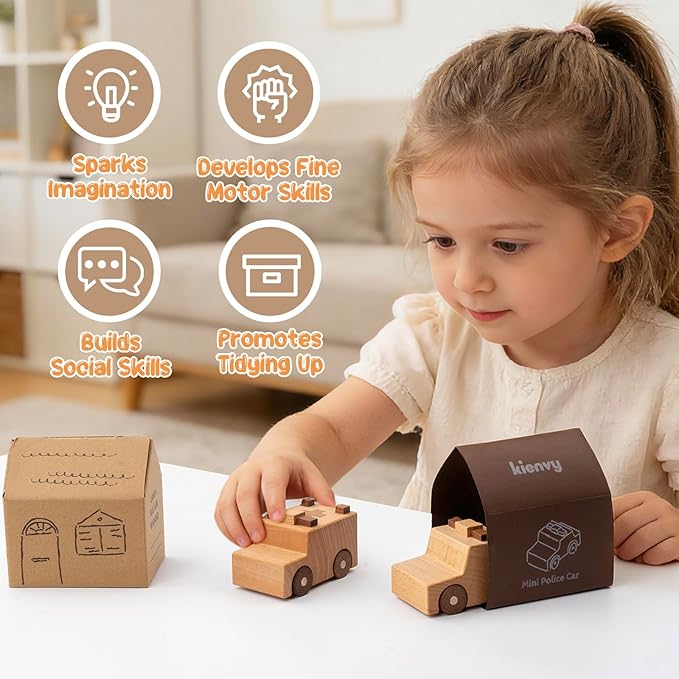 Wooden Toy Cars for 3 Year Old Boys & Girls - Construction Vehicles Set Push Toys for Toddlers, Wood Montessori Car with Rolling Wheels, Natural Wood Toys (Ambulance & Police Car)