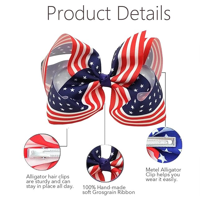 Usa Bows for Girls,6PCS Hand-made Grosgrain Ribbon Hair Bows Alligator Clips Hair Accessories for Little Teen Toddler Girls Kids (Red White Blue)