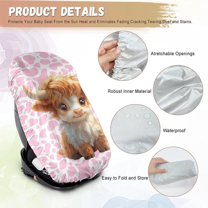XYZCANDO Cow Print Car Seat Covers for Babies Girl Highland Cow Baby Car Seat Cover for Travel Easy to Install Baby Car Seating Sun Shade Cover for UV Rays Protective Car Accessories 2025