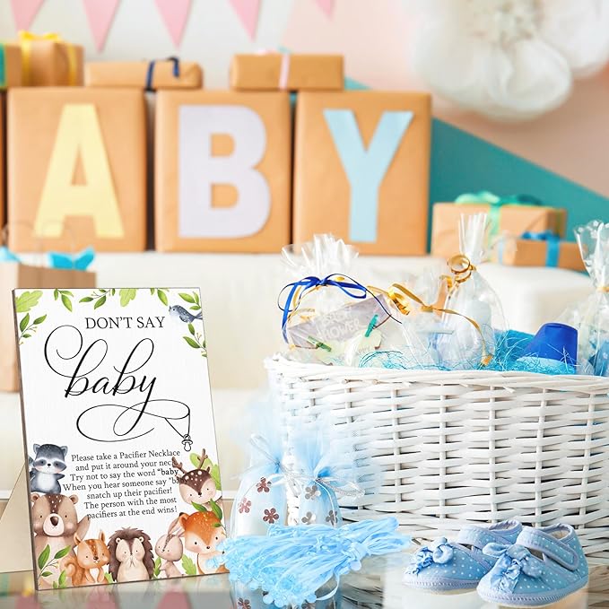 Geetery 51 Pcs Don't Say Baby Game Sign Cool Baby Shower Game 50 Pacifier Necklace Wooden Don't Say Sign Plastic Pacifier Party Favor for Gender Reveal(Woodland,Blue)