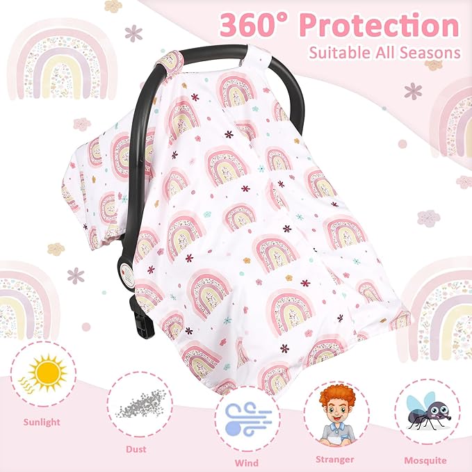 Pea Pod Car Seat Cover for Baby, Infant Carseat Cover with Peekaboo Opening Car Seat Canopy Cover, Nursing Cover for Baby Boys Girls (Rainbow)