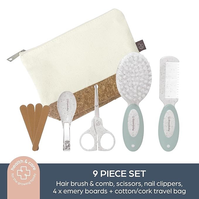 Dreambaby Neat & Tidy 9pc Wheatgrass Baby Grooming Kit - Eco-Friendly Baby Care Kit with Cotton & Cork Travel Bag - Soft Brush, Comb, Safety Scissors, Nail Clippers - Less Plastic Waste