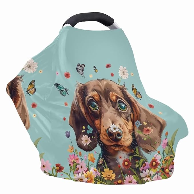 Wanyint Dachshund Dog Blue Stretchy Baby Car Seat Covers Carseat Canopy, Baby Breastfeeding Stroller High Chair Shopping Cart Cover