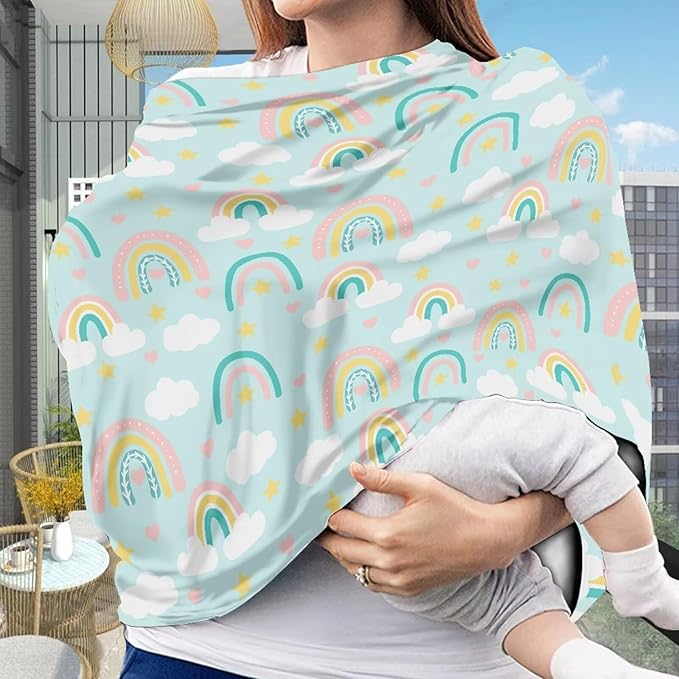 Biyejit Rainbow Clouds Stars Baby Stuff Car Seat Covers Baby Multi-Use Car Seat Canopy Carrier Cover, Breathable Breastfeeding Cover Boys & Girls