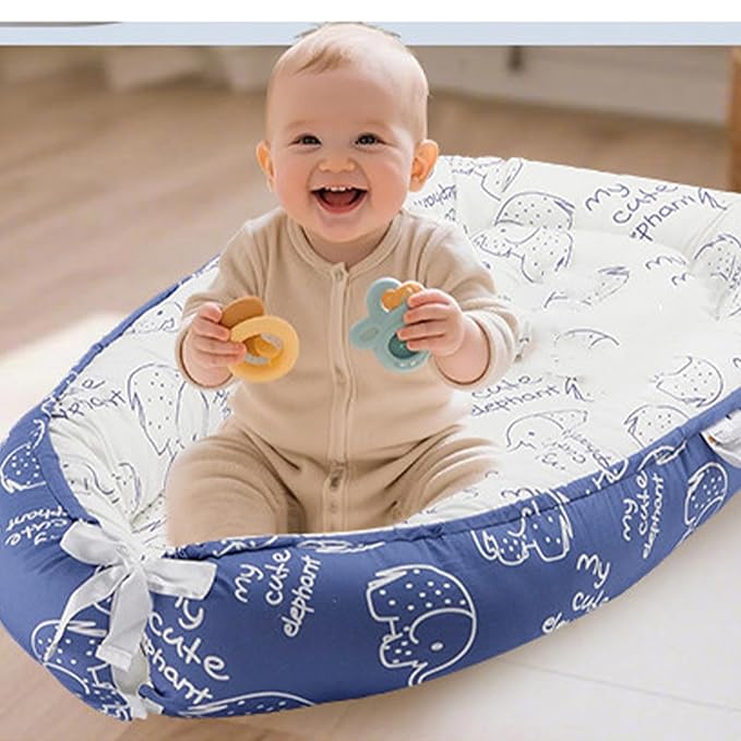 Baby Lounger for Newborn (0-24 Months) - 100% Cotton Baby Nest with Handles, 2-in-1 Play Mat & Diaper Changing Pad, Portable for Home & Travel, Infant Essentials Gifts (Elephant Blue)