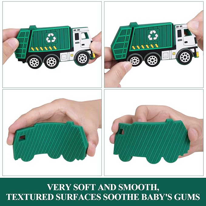 Car Series Baby Teething Toys,Food Grade Silicone Chew Teether for 3 Months+ Infant Boy and Girl,Toddler Sensory Chewing Teether,BPA Free. (Garbage Truck,Green)