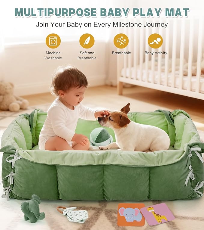 5-in-1 Baby Play Gym and Tummy Time Mat, 12 Learning Cards, Plush Activity Mat with 6 Toys, Convertible to Ball Pit, Baby Gift, Green