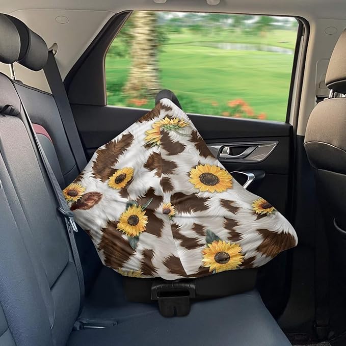 GIFTPUZZ Sunflower Cow Car Seat Covers for Babies Blocks Sunlight Carseat Canopy Ultra Soft Breathable Fabric Babies Car Seat Protection Adjustable Stretchy Breastfeeding Scarf Infant Carseat