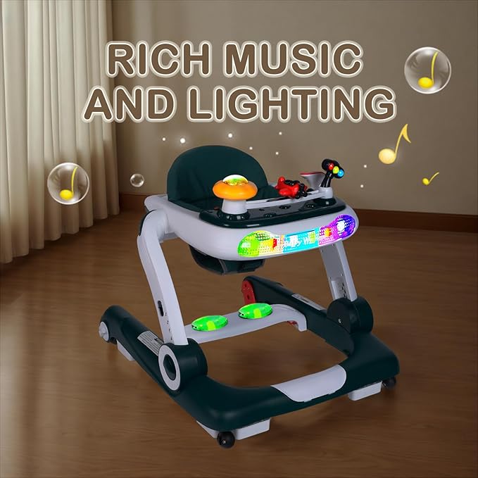 Kinder King Baby Walker with Music & Lights, 5 in 1 Baby Activity Walker with Wheel, Adjustable Height & Seat, Learning-Seated & Toddler Walk-Behind, Safety Bumper, Infant Walker Anti-Rollover, Green