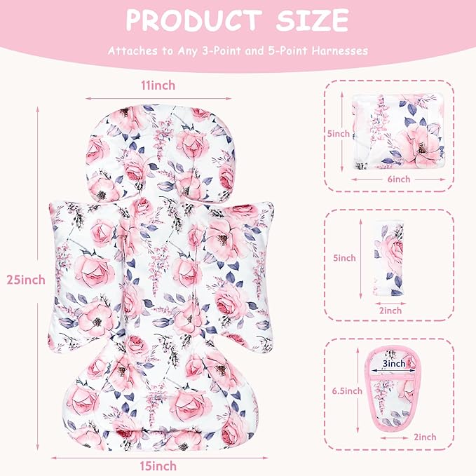 SWESEN Infant Car Seat Insert with 3 Strap Covers Set, Car Seat Head Support Baby for Girls, Soft 3 in 1 Baby Car Seat Cushion for Strollers, Bouncers, Swing, Floral