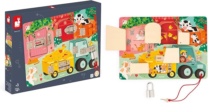 Janod Farm Padlocks Board - Latching and Locking Puzzle - Ages 3-6 - J07119