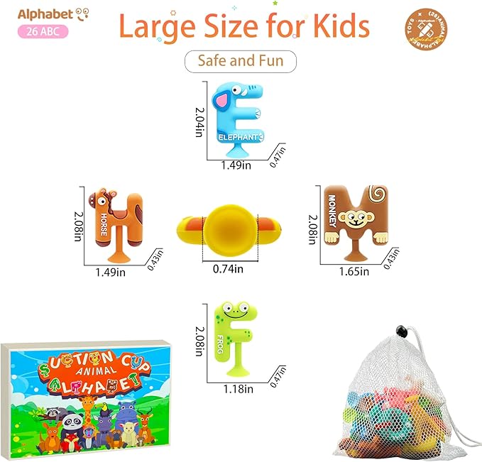Bath Alphabet Letters,ABC Bath Toys,Alphabet Games,26 Cute Animals Silicone Bathtub Letters with Suction Cup,ABC Learning Toys for Kids Ages 3-5