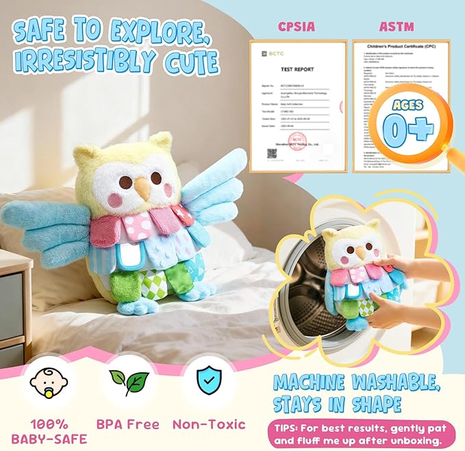JoyCat Sensory Owl Baby Toy for 0-12 Months, 13''Soft Tummy Time Infant Toy with Multi-Textured Crinkle Feathers, Baby Mirror, Stuffed Animal Plush Montessori Easter Gifts for Newborn Boys and Girls