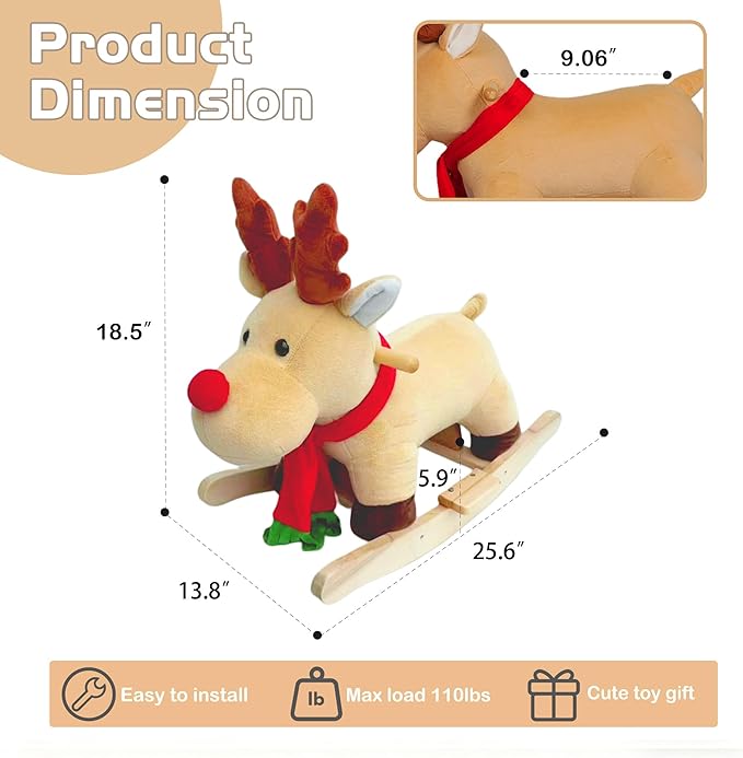Baby Rocking Horse with Jingle Bells, Baby Rocking Chair for Toddlers 1-3 Years, Soft Plush Wooden Ride-on Toy Rocking Animal for Baby Boys and Girls Child Birthday Gift, CPC&CE Certified (Apricot-02)