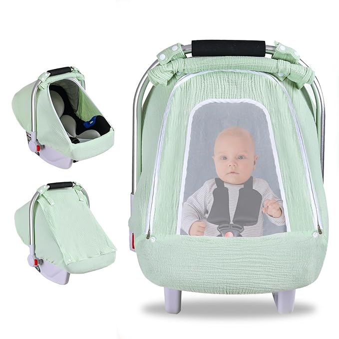 Baby Car Seat Cover for Boys Girls, Muslin Car Seat Cover for Babies with Breathable Mesh Peep Window, Lightweight Kick-Proof Infant Car Seat Canopy, Outdoor Windproof Stroller Cover (Pea Green)