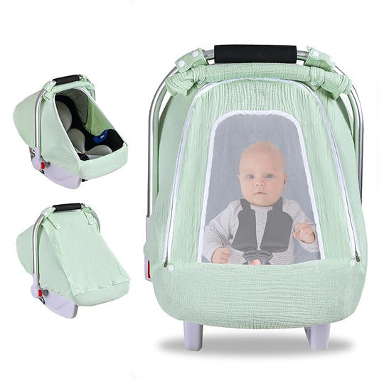 Baby Car Seat Cover for Boys Girls, Muslin Car Seat Cover for Babies with Breathable Mesh Peep Window, Lightweight Kick-Proof Infant Car Seat Canopy, Outdoor Windproof Stroller Cover (Pea Green)