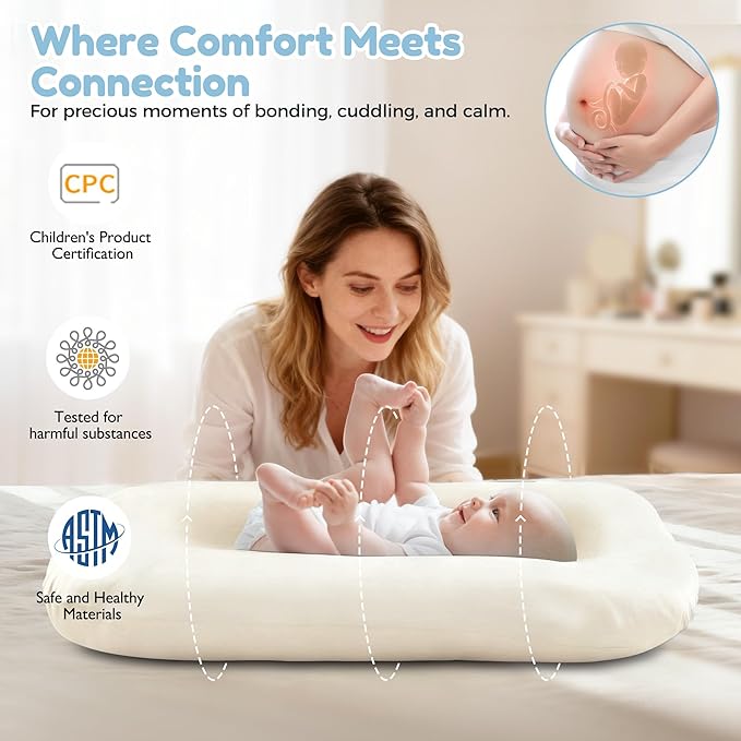 Baby Lounger & Snuggle Nest for Newborn 0-24 Months, Baby Nest Supervised Breathable Cotton for Newborn, Breathable Portable Infant Lounnger for Travel and Home, White (Lounger Cover Included