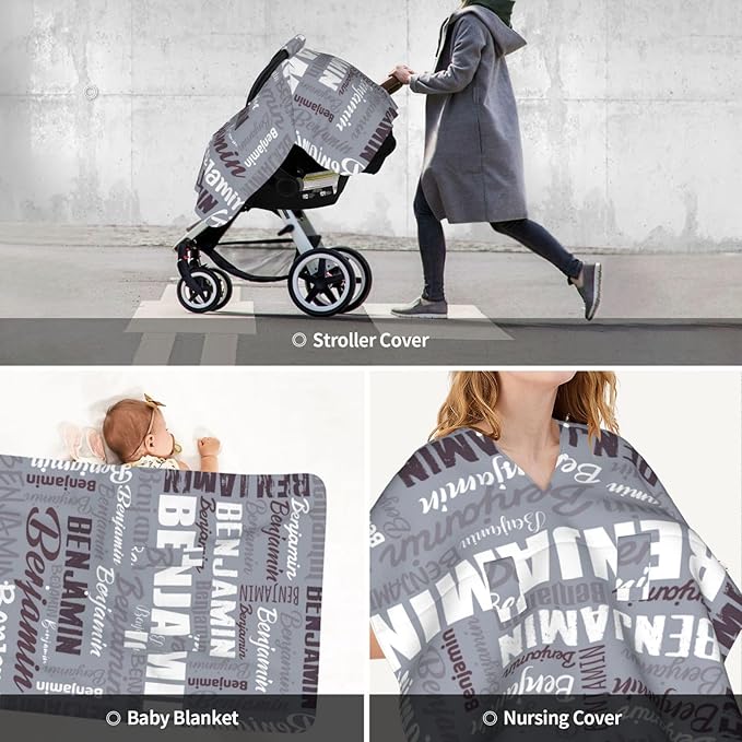 Personalized Baby Car Seat Canopy for Babies, Custom Name Baby Car Seats Covers for Boys Girls, Opening Minky Nursing Breastfeeding Cover for Infant, Carseat Canopies for Newborn (Gray)