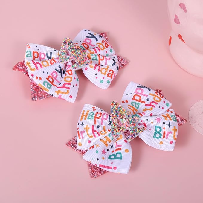 4" Glitter Happy Birthday Hair Bow Clips for Girls Ages 1-6, Pink Ribbon Cheer Bow Barrettes Alligator Hairpins, Confetti Ice Cream Party Dress Accessories, Her 4th Birthday Gift