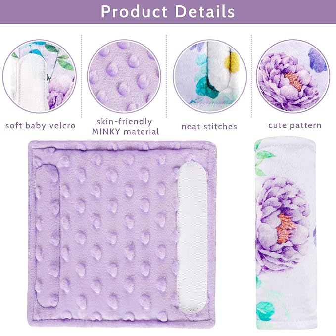 Carseat Strap Covers for Babies, Soft Seatbelt Covers for Kids, Reversible Baby Car Seat Strap Covers, Size: 6.5 x 6.5 inch, for Baby Car Seat, Stroller, Swing, High Chair, Purple Flower