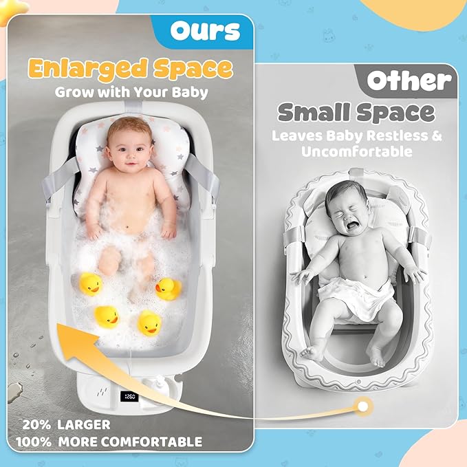Orzbow Collapsible Baby Bathtub, Large Baby Bath Tub for Newborn with Soft Cushion & Thermometer, Travel Portable Baby Tubs for Infants to Toddler 0-36 Months, 28x16.9 inches, Gray