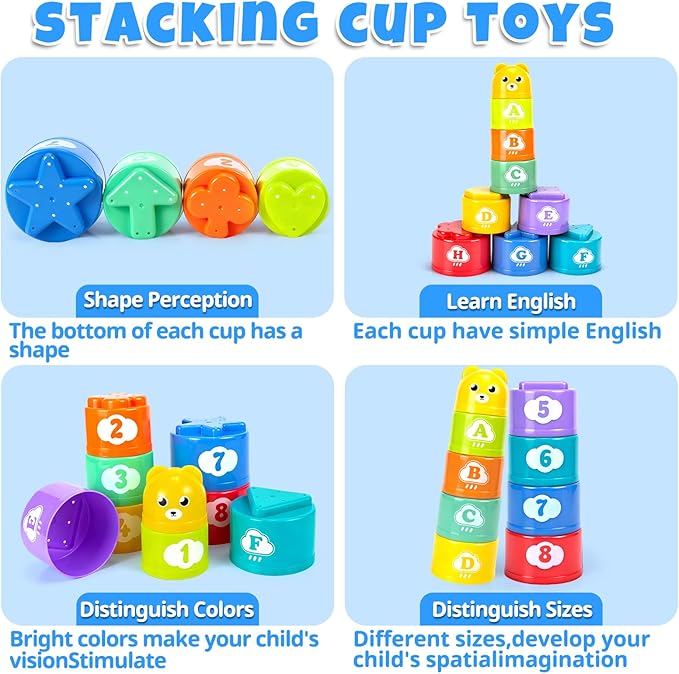 Stacking Cups Toys for Toddlers 1-3, Baby Toys Stacking Cups & Teething Toy for Babies 6-12 Months Montessori Educational or Bath Fun Stacking Blocks for Toddlers 1-3