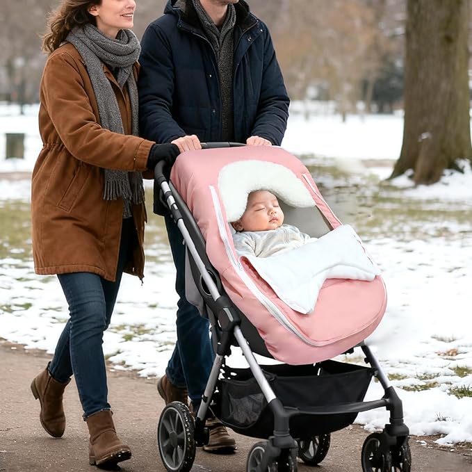 Car Seat Cover Baby Winter, Waterproof Carseat Covers Newborn Girl, Windproof Infant Car Seat Cover Warm & Breathable Use Universal Pink