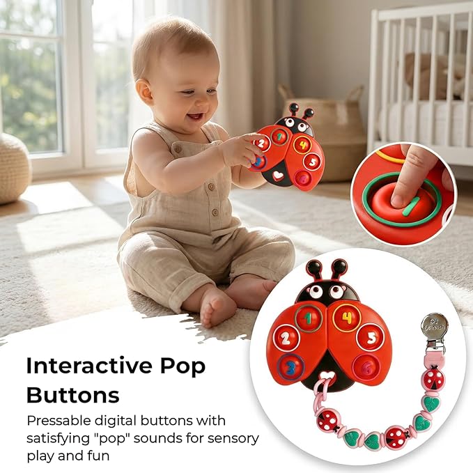 BIGSPINACH Teething Toy & Pacifier Clip Set,Ladybug Pop-It Teether & Pacifier Hold,Multi-Textured Chew Toy with Number Buttons for Early Learning, Baby Teething Relief (Red+Pink)