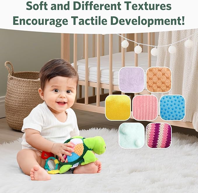 Turtle Baby Sensory Toy, 6 in 1 Montessori Tummy Time Texture Toys, Flip Scales & Multi-Textured Belly & Rattle Squeaker Teethers, Early Educational Shower Gifts for Baby Boy Girl Birthday Gifts