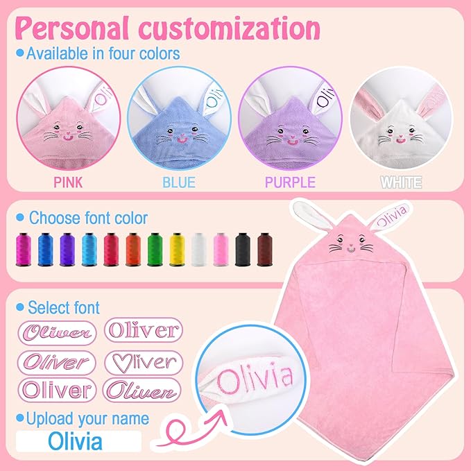 Custom Hooded Bath Towel with Name, Personalized Highly Absorbent Bunny Towels, Baby Bath Towels for Girls Boys, Brithday Easter Gifts for Baby, Toddler, Newborn, Infant (Pink)