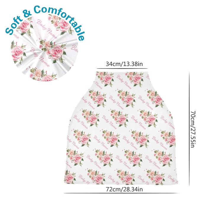 Rose Flower Personalized Baby Car Seat Covers with Name, Custom Nursing Cover Breastfeeding Scarf Soft Breathable Stretchy Coverage, Infant Stroller Cover for Boys Girls
