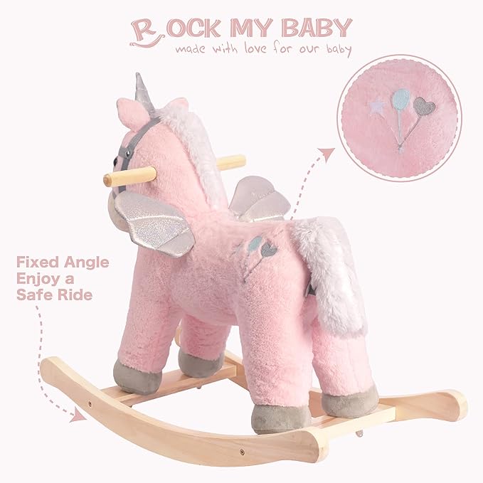 Rock My Baby Rocking Horse, Pink Unicorn/Pony Animal Rocker with Realistic Sound Plush Stuffed Rocking Horses for Toddlers 18M+, CPC Certified