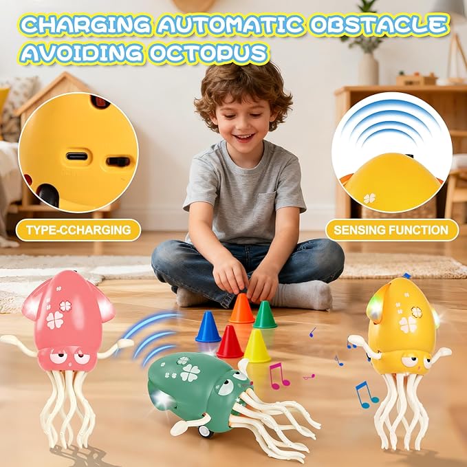 YOGINGO Electric Dancing Octopus Tummy Time Toy, Durable Rechargeable Music Crawling Toy with Smart Obstacle Avoidance & Silent Mode for 1-6 Year Old Boys Girls