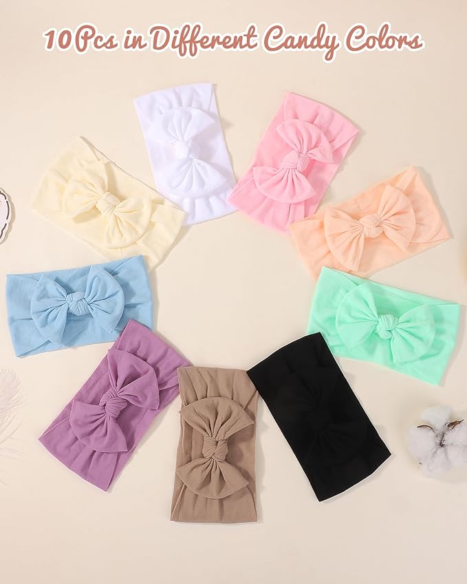 jollybows 10PCS Baby Girl Nylon Headbands Elastic Soft Turban Hair Bows Candy-Color Baby Hair Accessories for Toddlers and Infants