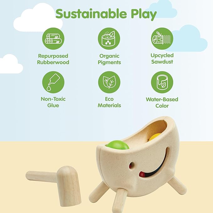 PlanToys® Miracle Pounding II Wooden Pounding Bench Toy for Kids Ages 2+ | Montessori Fine-Motor & Hand-Eye Coordination Activity for Focus & Strength | Eco-Friendly Educational Toy