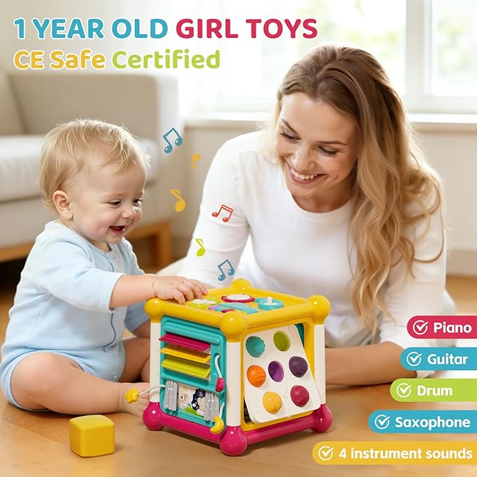 Baby Activity Cube, 6-in-1 Educational Early Development Toy with 4 Sensory Shape Blocks, Music Busy Board, Montessori Toys for 1 2 Year Old, Birthday Gift for 1 Year Old