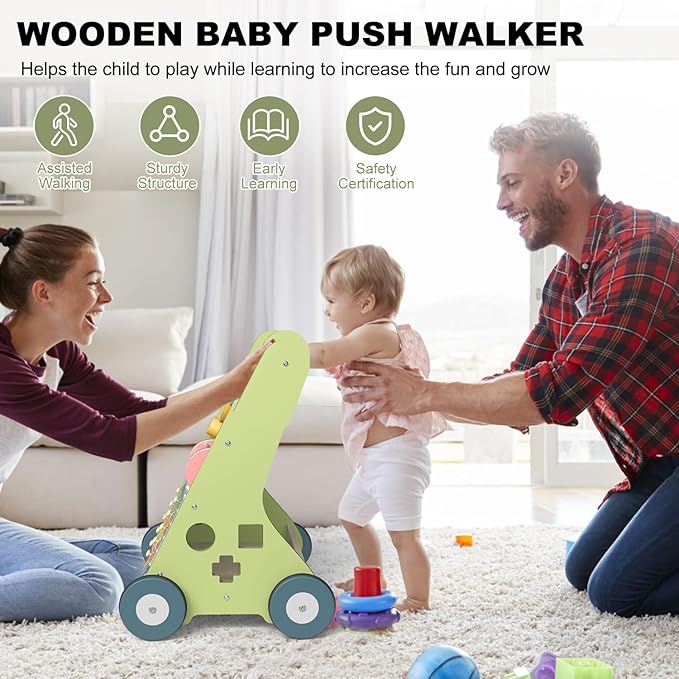 11-in-1 Montessori Baby Walker Toddlers Push Walker Wooden Activity Center Gift for 1 Year Old Boys Girls, Adjustable Speed & Quiet Wheels Learning to Walk Sensory Toys Baby Sit-to-Stand Walking Toys
