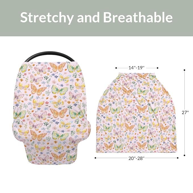 Watercolor Butterflies Spring Floral Baby Car Seat Covers Pastel Flowers Leaves Stretchy 5-in-1 Cover Adjustable Infant Carseat Canopy Cover Easter Garden Breathable Nursing Cover-Up Pink