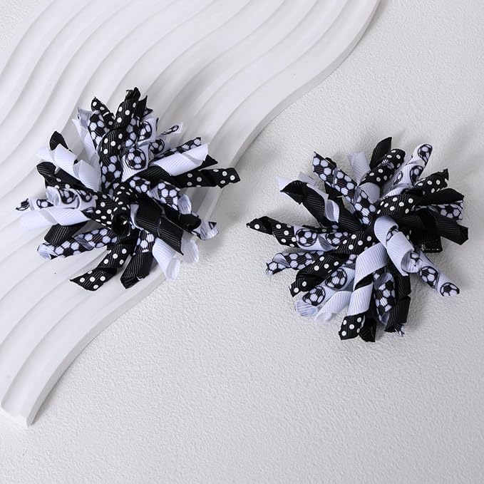 Soccer Korker Hair Bows for Girls,4pcs Black White Football Sport Curly Ribbon Alligator Clips for Soccer Team Moms Gifts Player Fans Game Day Cheer Dress Decoration Accessories