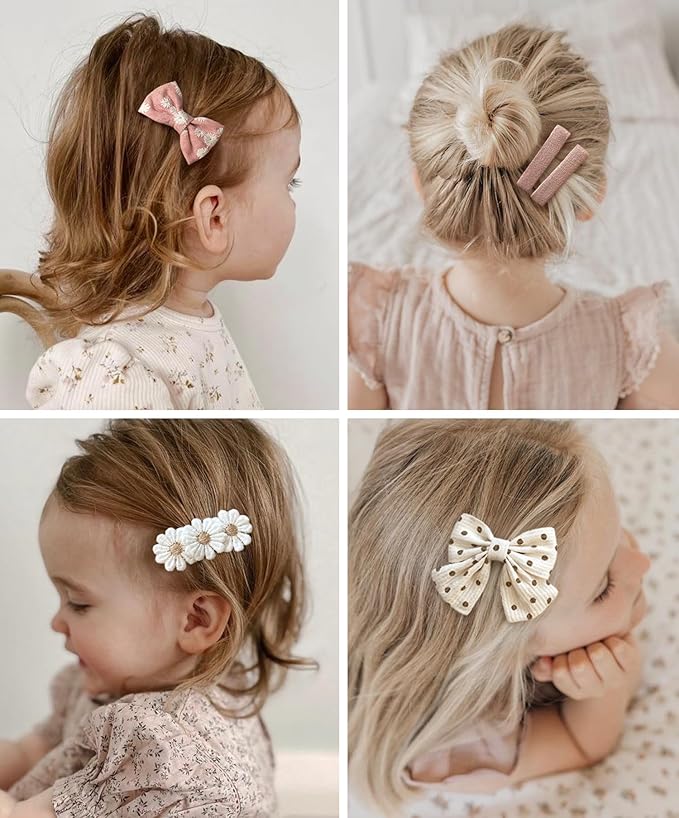 Cherssy Floral Hair Bow Clips for Little Girls, 20 Pack Flower Fully Lined Alligator Clips and Snap Hairpins Set, Handmade Hair Accessories for Baby Toddler Kid School Age Girls Gifts
