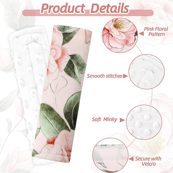 Baby Car Seat Strap Pads, Car Seat Strap Shoulder Covers for Baby Infant Toddler, Double-Sided Car Seat Belt Covers for Stroller/Pushchair/Baby Swing, Soft Flannel, Pink Floral