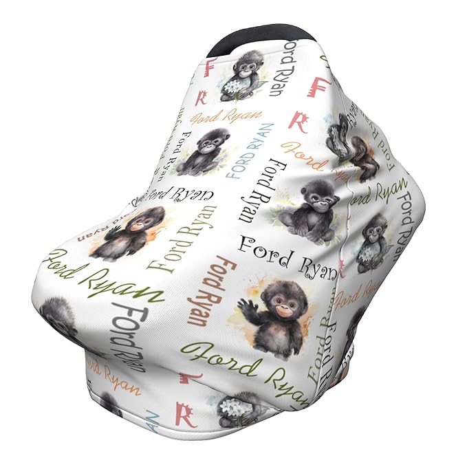 Personalized Car Seat Covers for Babies with Name – Multi-use Breastfeeding Cover Custom Gorilla Carseat Canopy Cover, Infant Stroller Covers for Boys and Girls